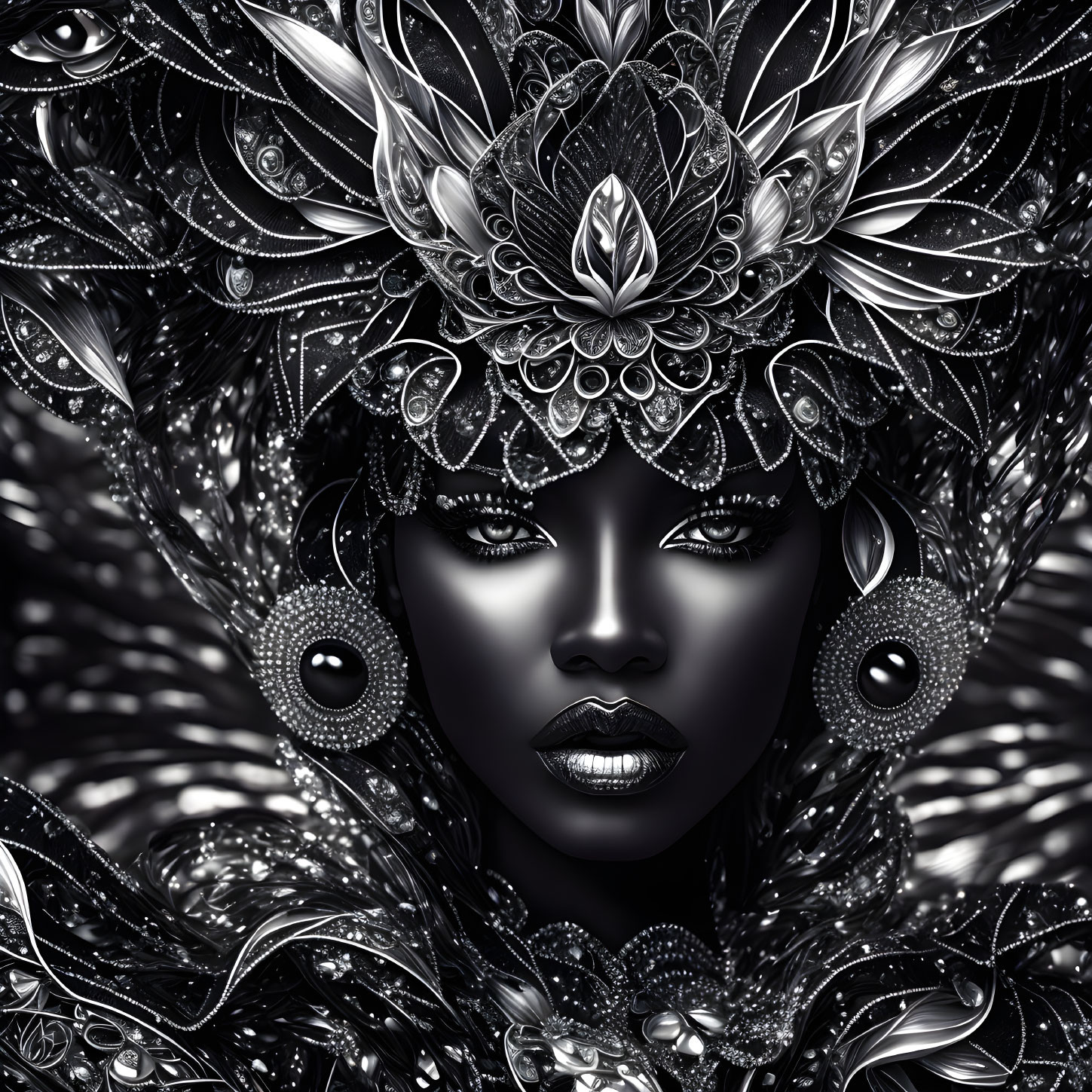 Monochrome digital artwork of woman with ornate floral headdress