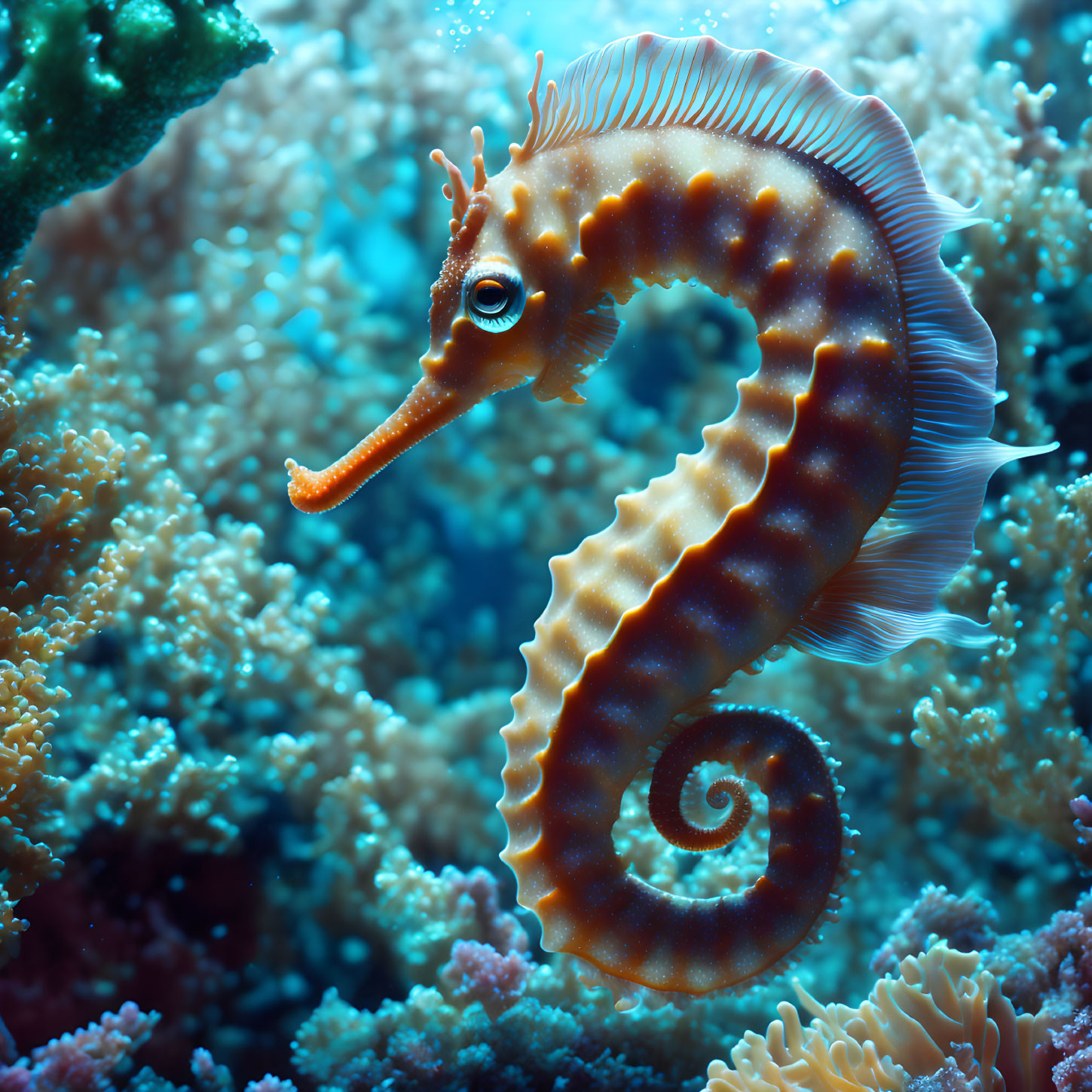 Colorful Orange Seahorse Swimming Among Blue and Purple Coral Reefs