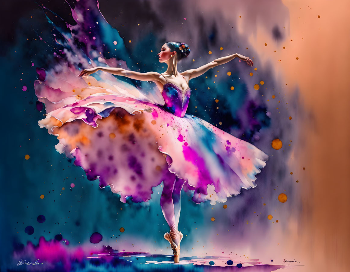 Colorful digital painting of a ballerina mid-twirl in vibrant pink and purple hues