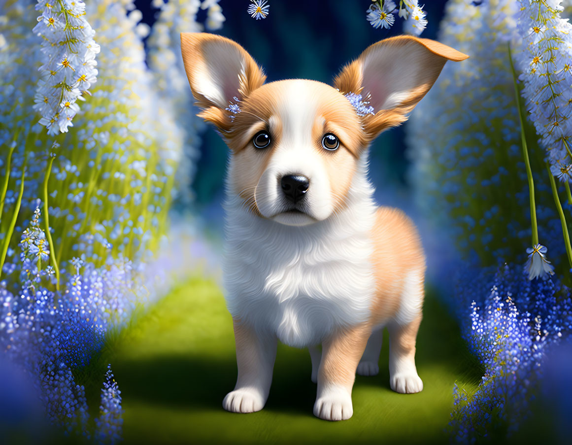 Adorable corgi puppy in blue and white flower setting