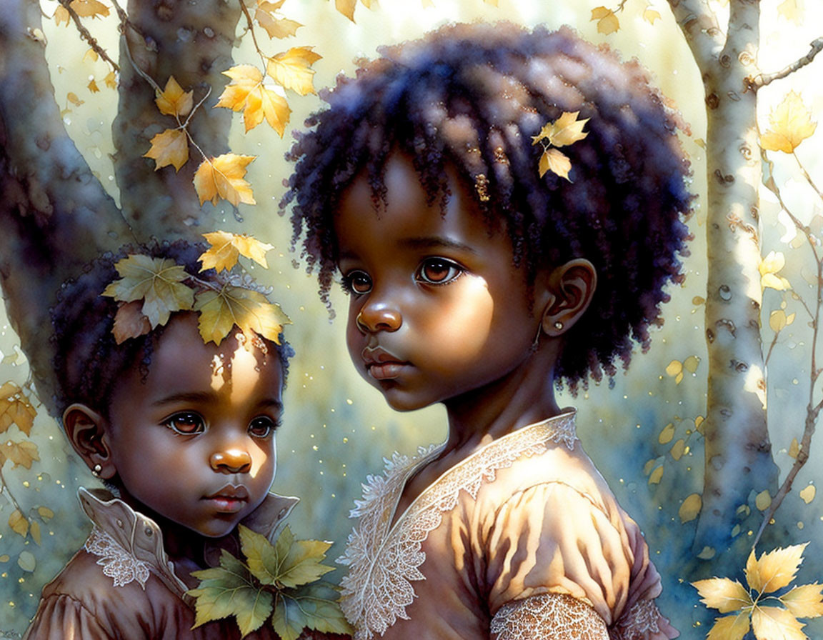 Curly-haired children in autumn leaves with sunlight filtering through trees