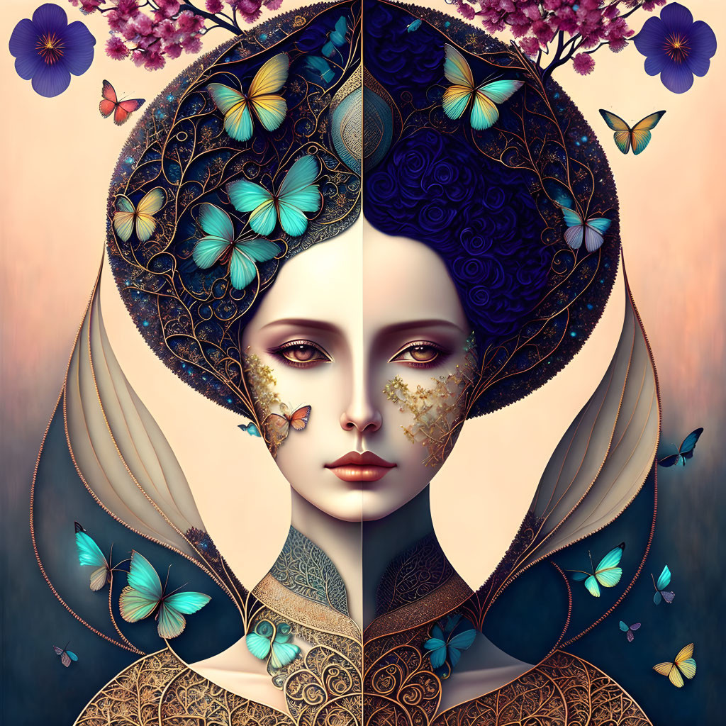 Symmetrical Woman's Face Artwork with Butterflies and Day/Night Theme