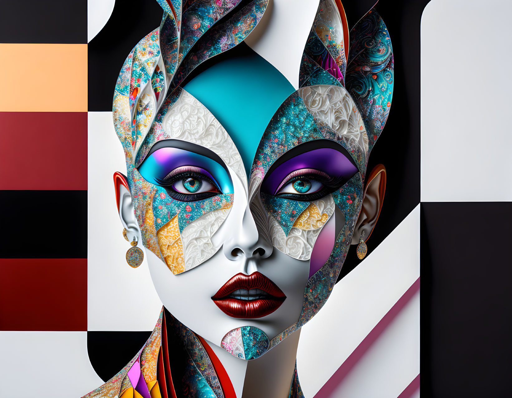 Colorful Abstract Art: Woman's Face with Geometric Shapes and Vibrant Makeup