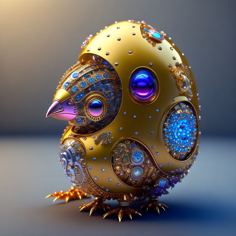 Whimsical bejeweled bird illustration with ornate Fabergé egg-like body