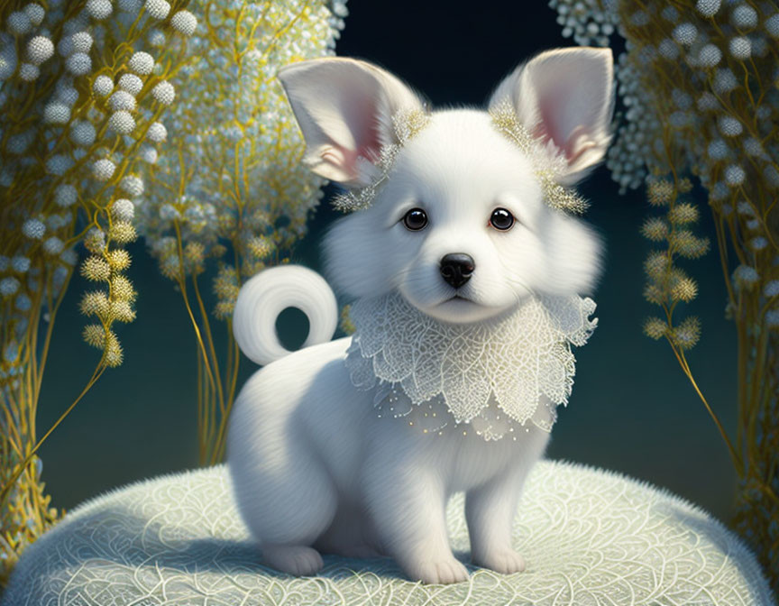 Fluffy White Dog on Cushion Among Yellow Flowers and Lace Collar