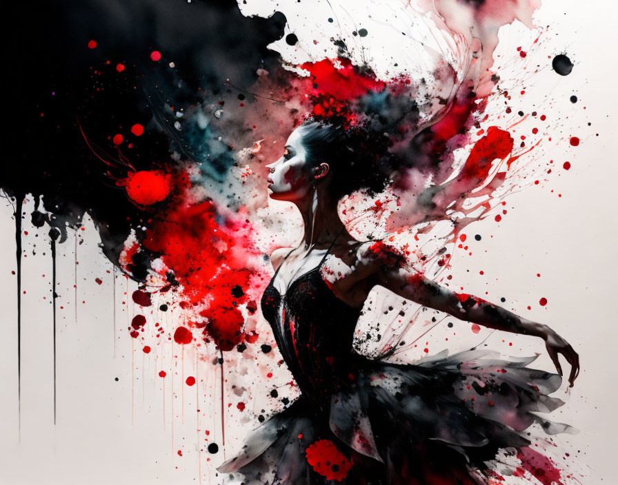 Abstract Art: Woman merging with red and black ink splatters