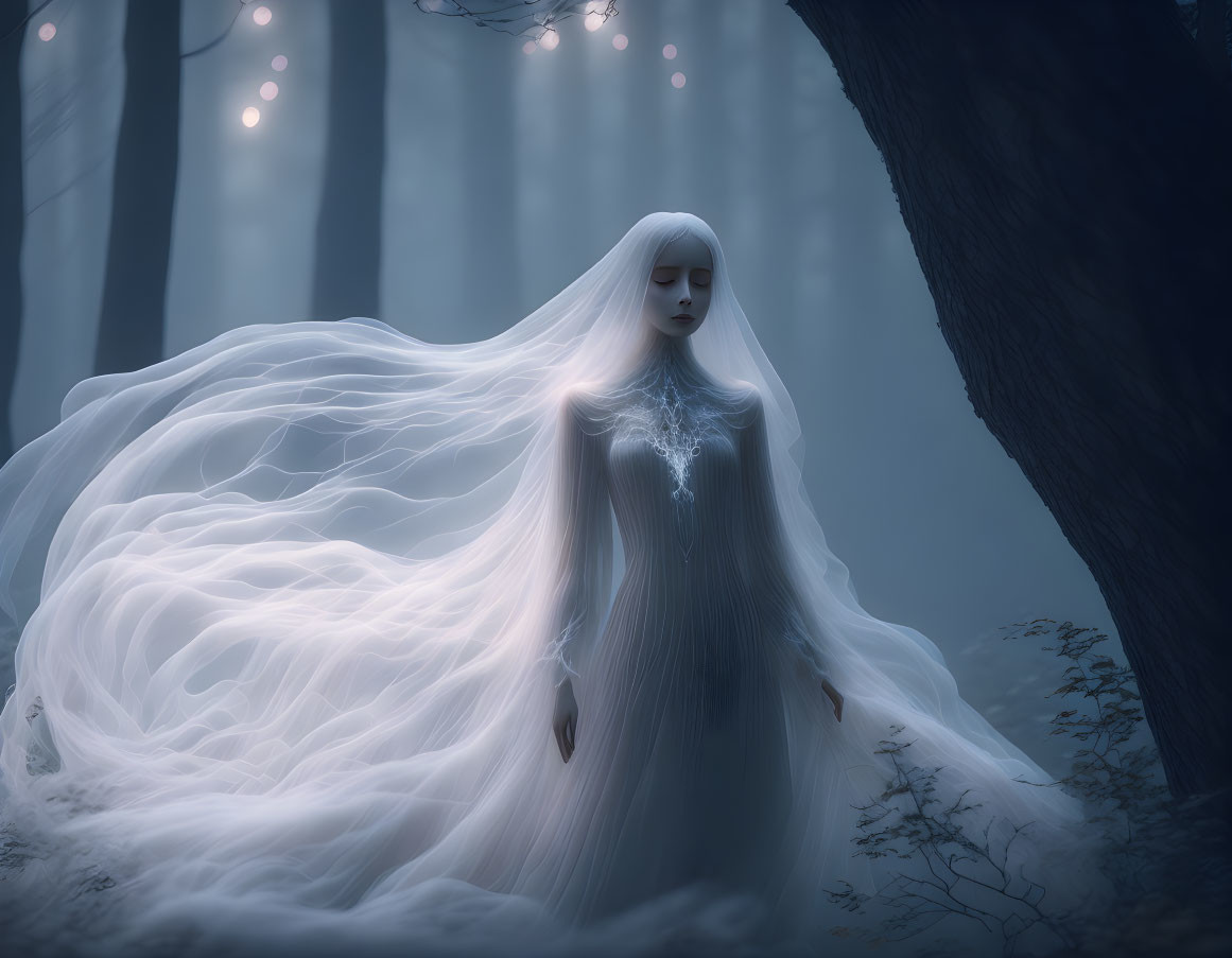 White-haired spectral figure in misty forest with faint lights