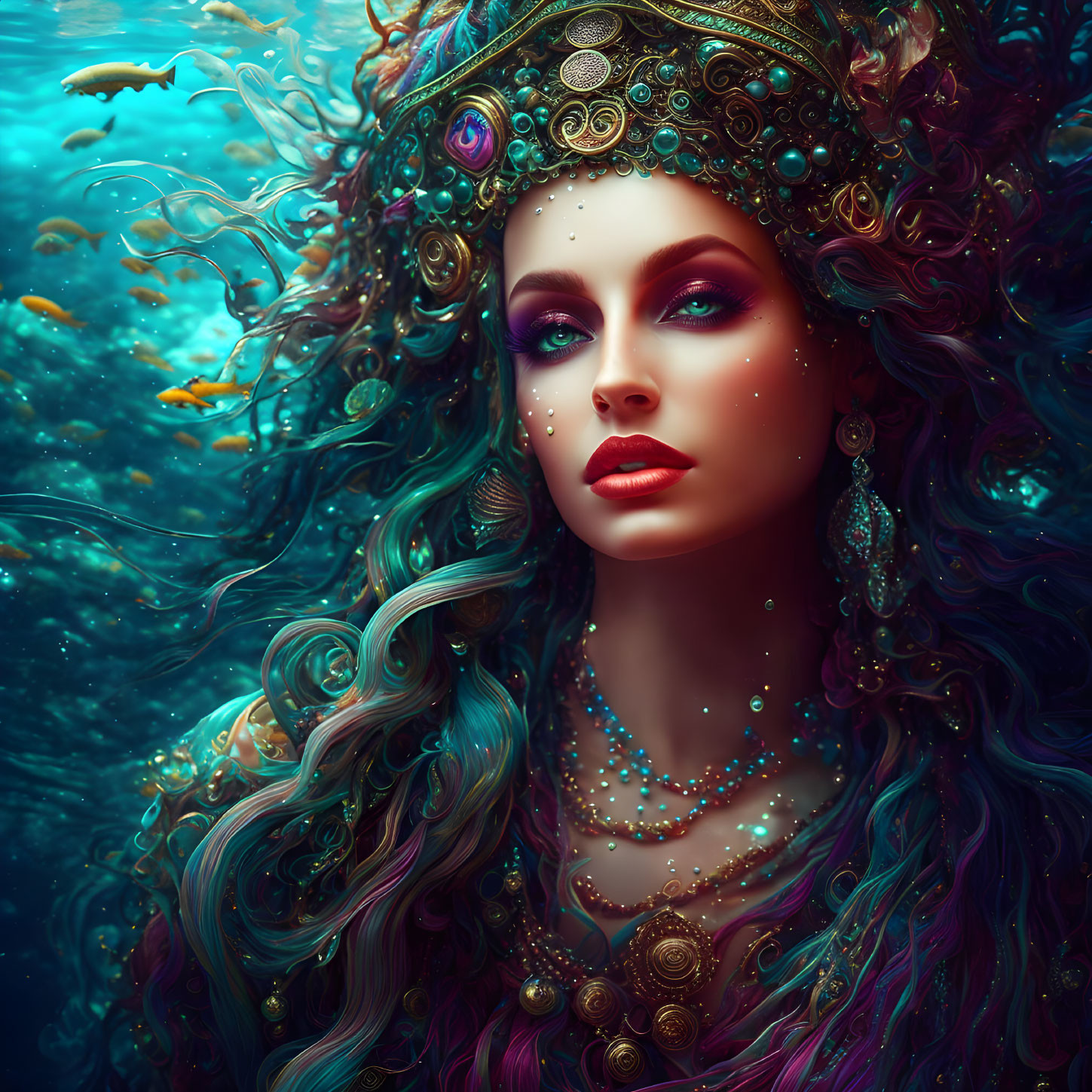 Colorful artwork featuring woman with ornate headgear and jewelry in aquatic setting