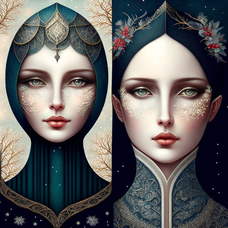 Stylized portraits of women with intricate headdresses themed with night, stars, and winter motifs.