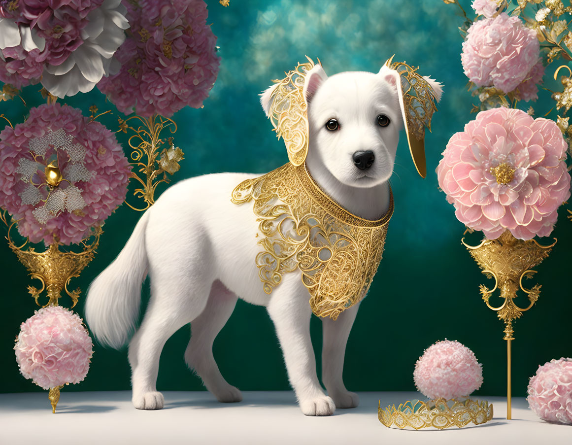 White Puppy with Golden Collar in Royal Setting