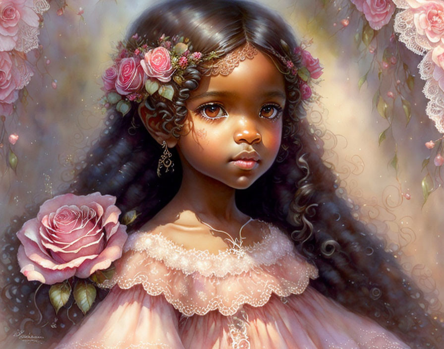 Digital painting of young girl with flowers in hair, pink dress, surrounded by roses.