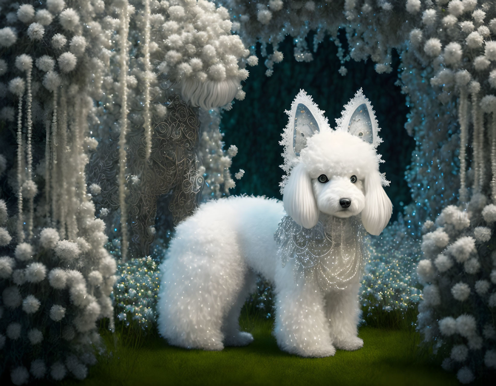 Fluffy white dog in whimsical forest setting