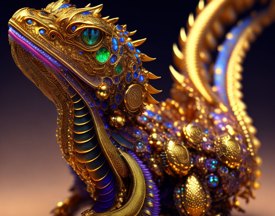 Intricate Golden Dragon Sculpture with Blue Gemstones and Shimmering Finish