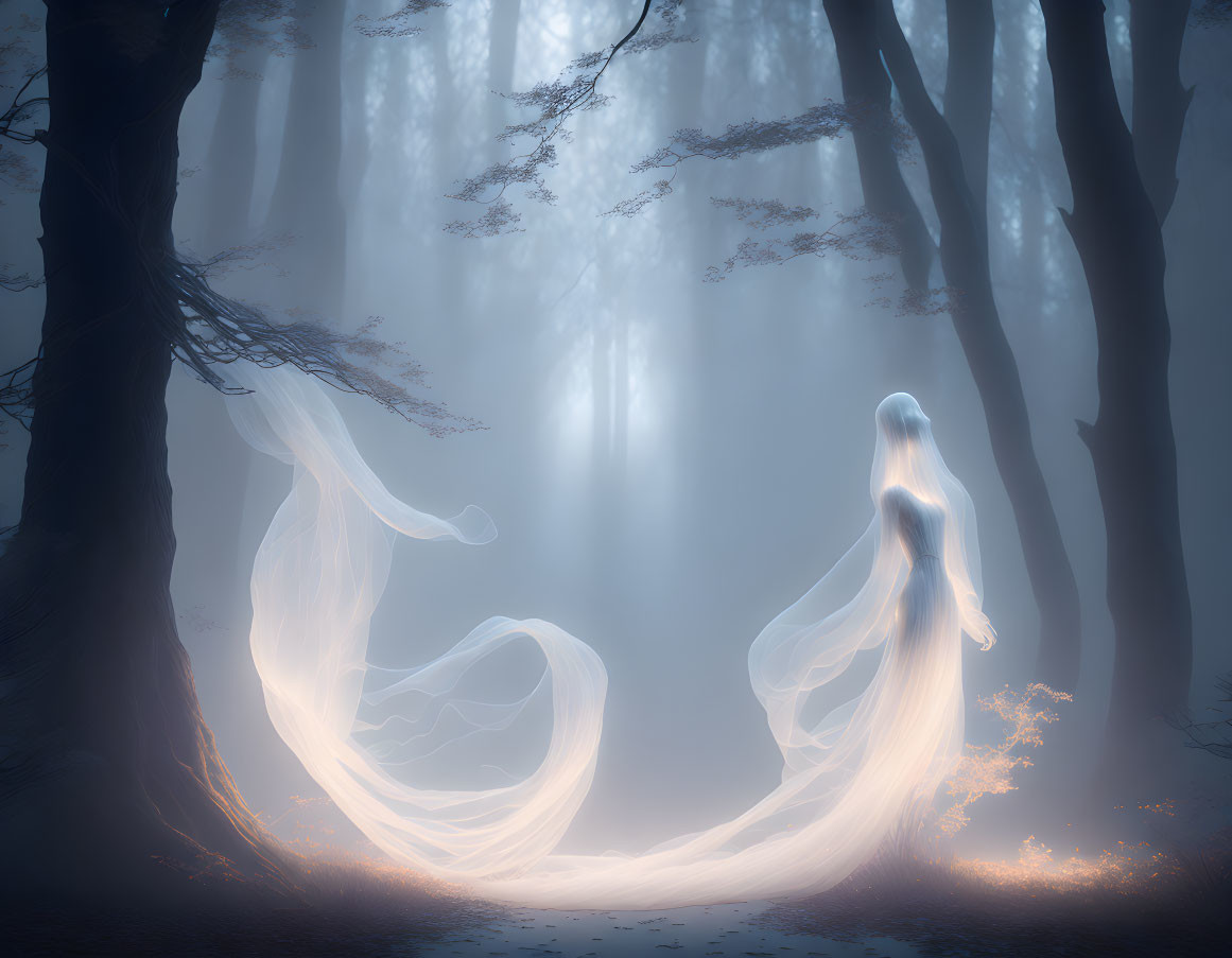 Mystical white figure in misty blue forest with soft light