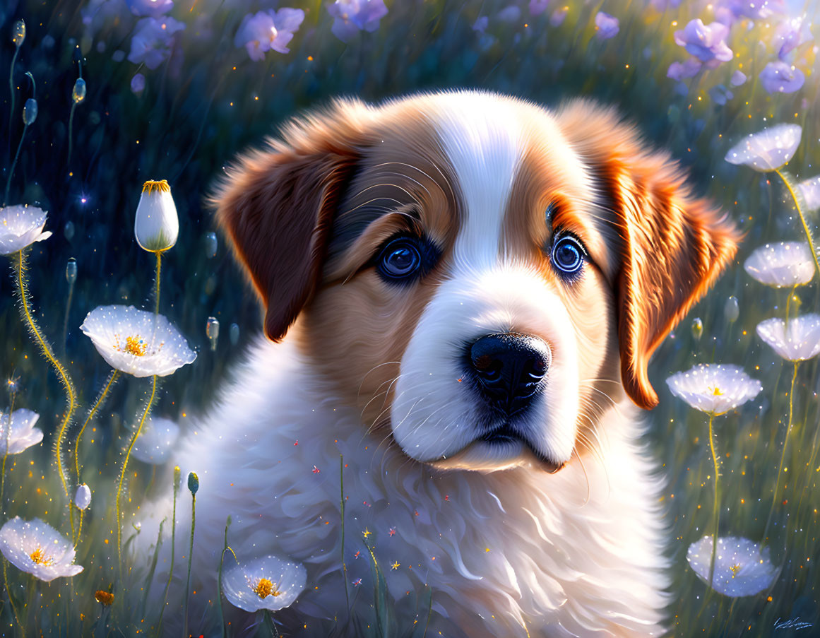 Fluffy Brown and White Puppy Among White Flowers and Lights