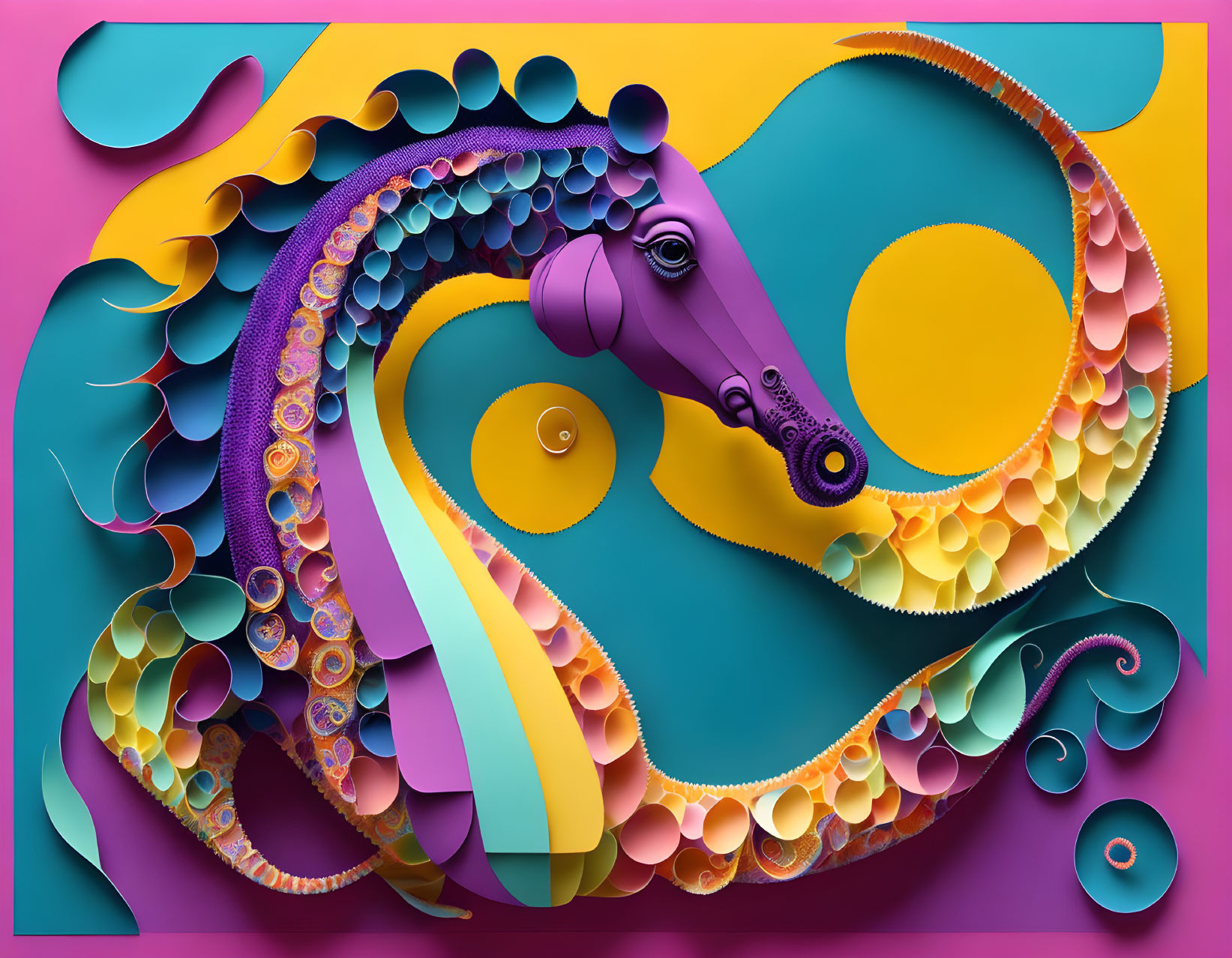 Vibrant abstract digital art: purple spiraling seahorse on blue and pink backdrop