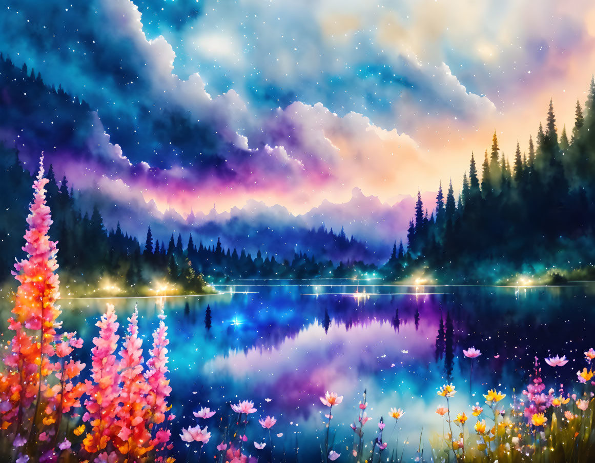 Serene lake digital painting with starlit sky & colorful clouds