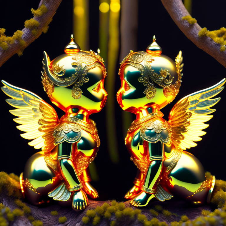 Ornate Golden Angels Facing Each Other on Dark Background