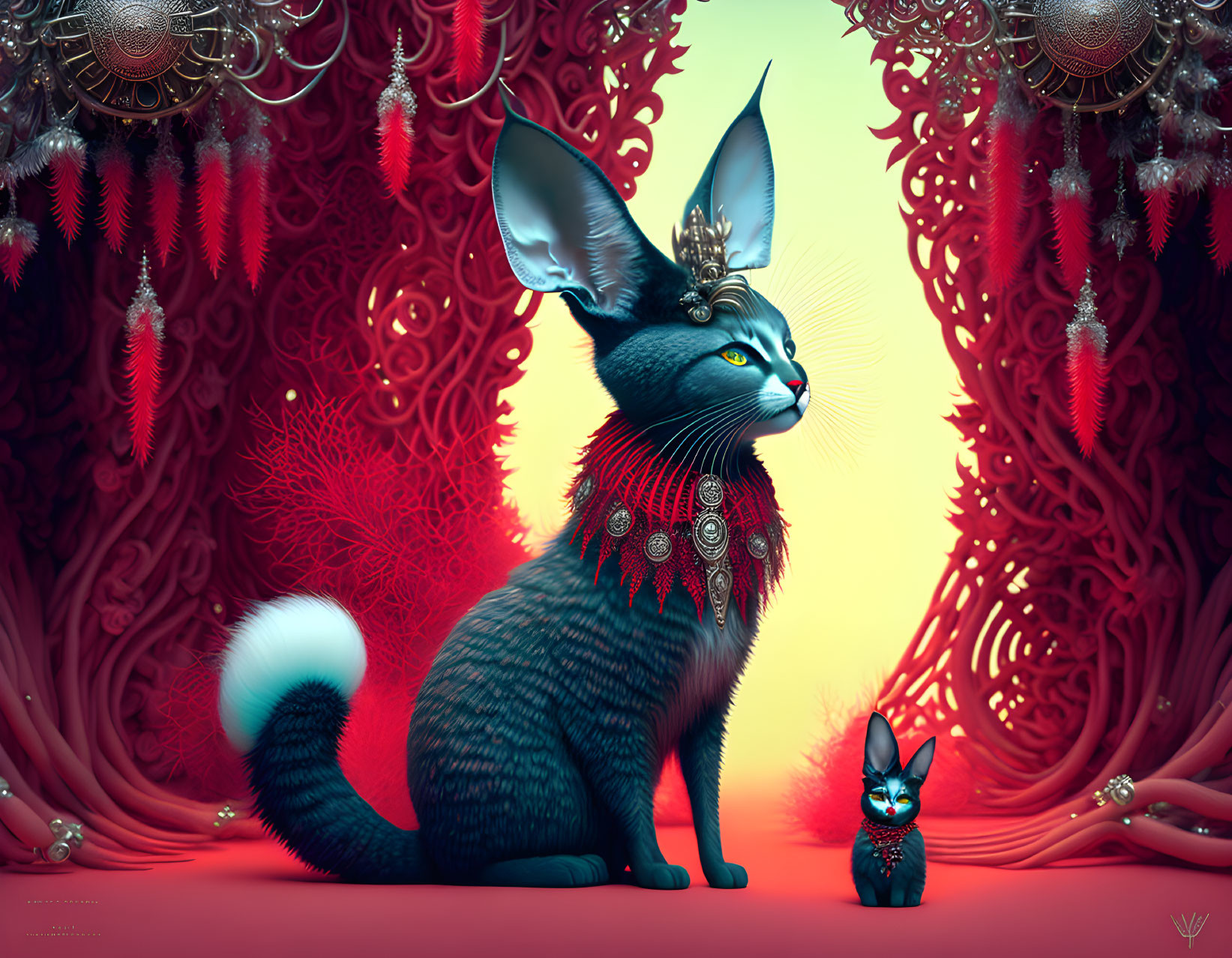 Elegant blue cat with crown and jewelry beside mini version on red backdrop