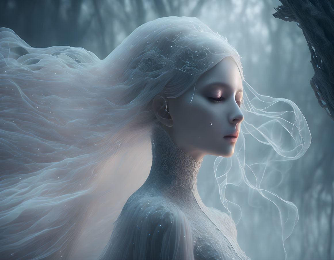 Pale-skinned woman with white hair and crown in misty winter forest