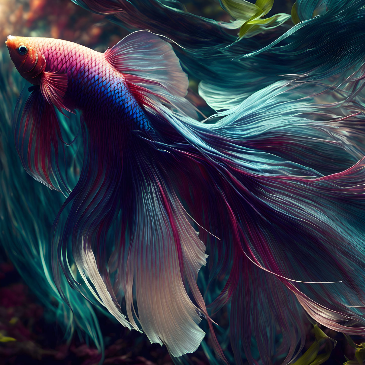 Colorful Betta Fish with Flowing Fins in Blue and Pink Scales