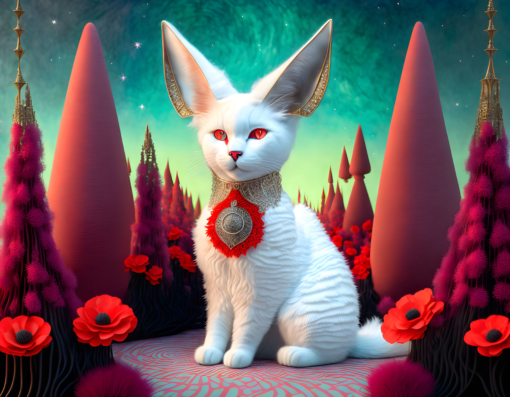 White Cat with Pointed Ears in Fantastical Landscape with Magenta Flora