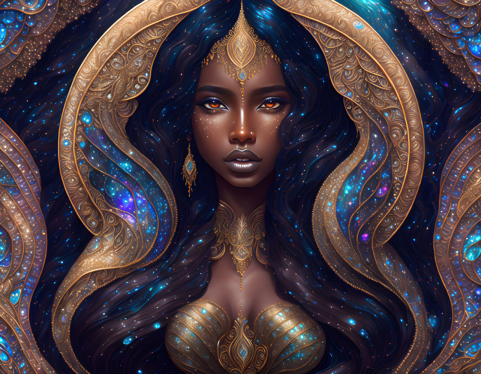 Dark-skinned woman with blue and gold adornments and starry hair.