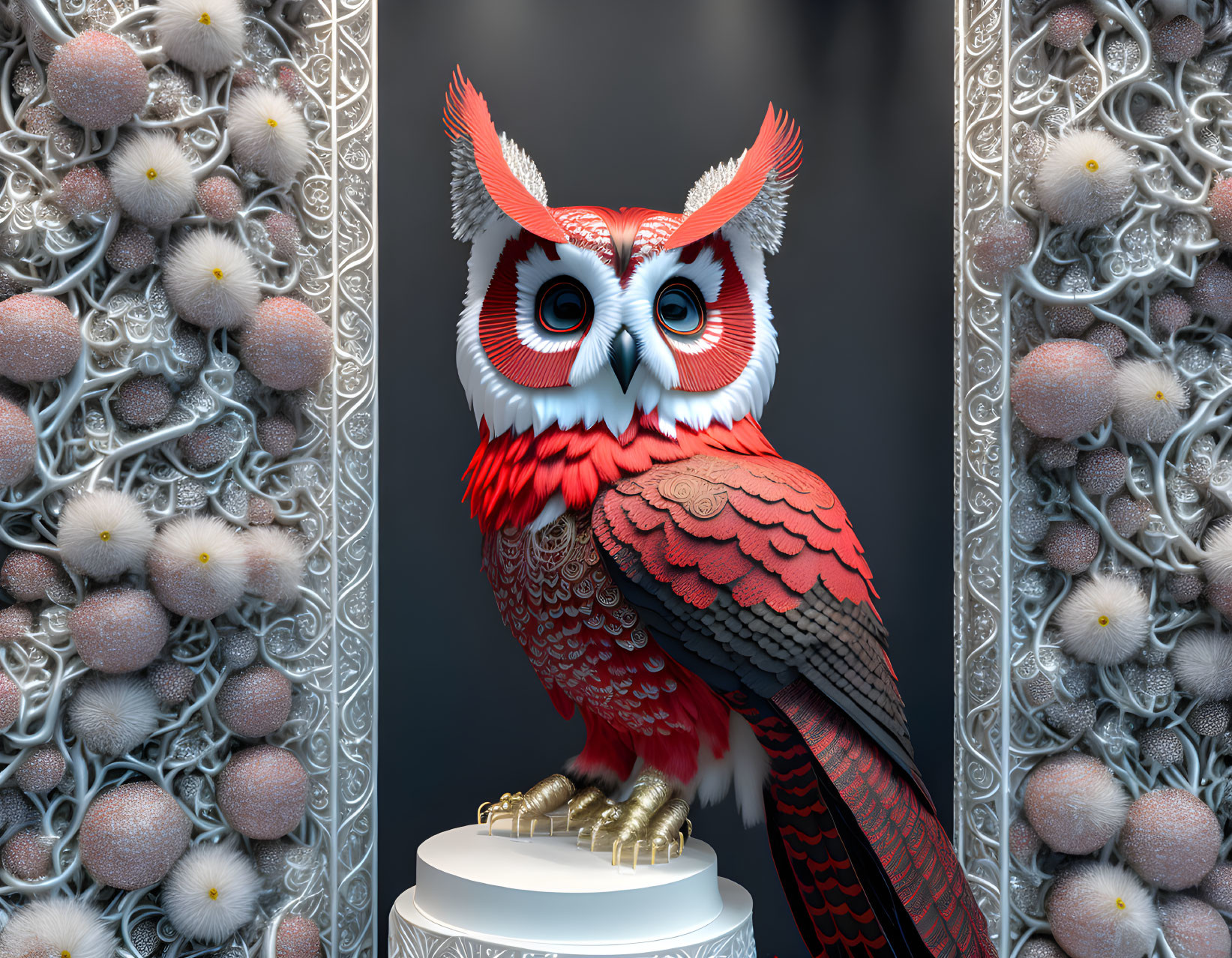 Colorful digital artwork featuring stylized red and white owl with intricate patterns and floral motifs.