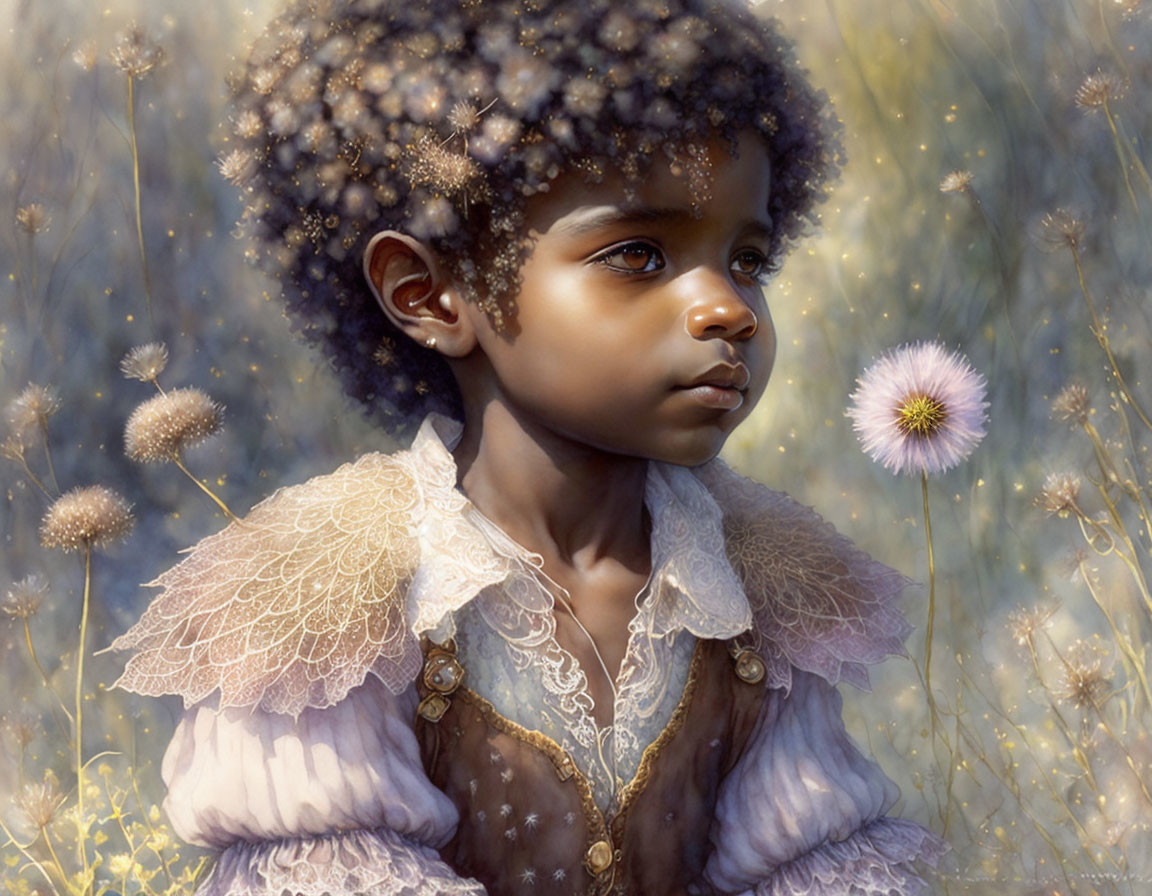 Portrait of contemplative child with dandelion seeds in curly hair, vintage lace attire