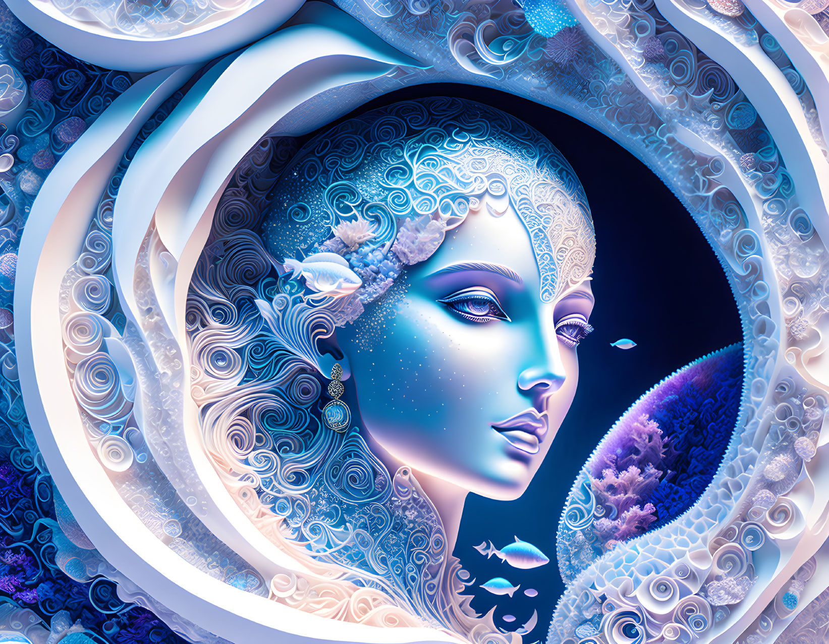 Intricate feminine face with swirling blue, white, and purple patterns