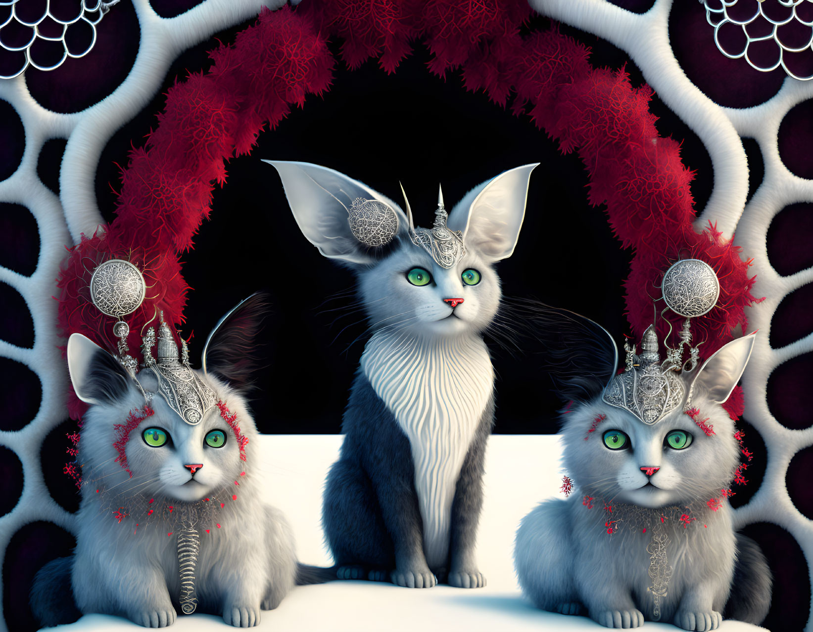 Three royal fantasy cats with silver crowns and red accents in ornate throne room