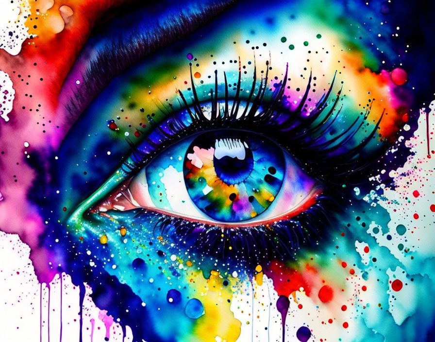 Colorful Eye Painting with Rainbow Hues and Ink Splatter Effects