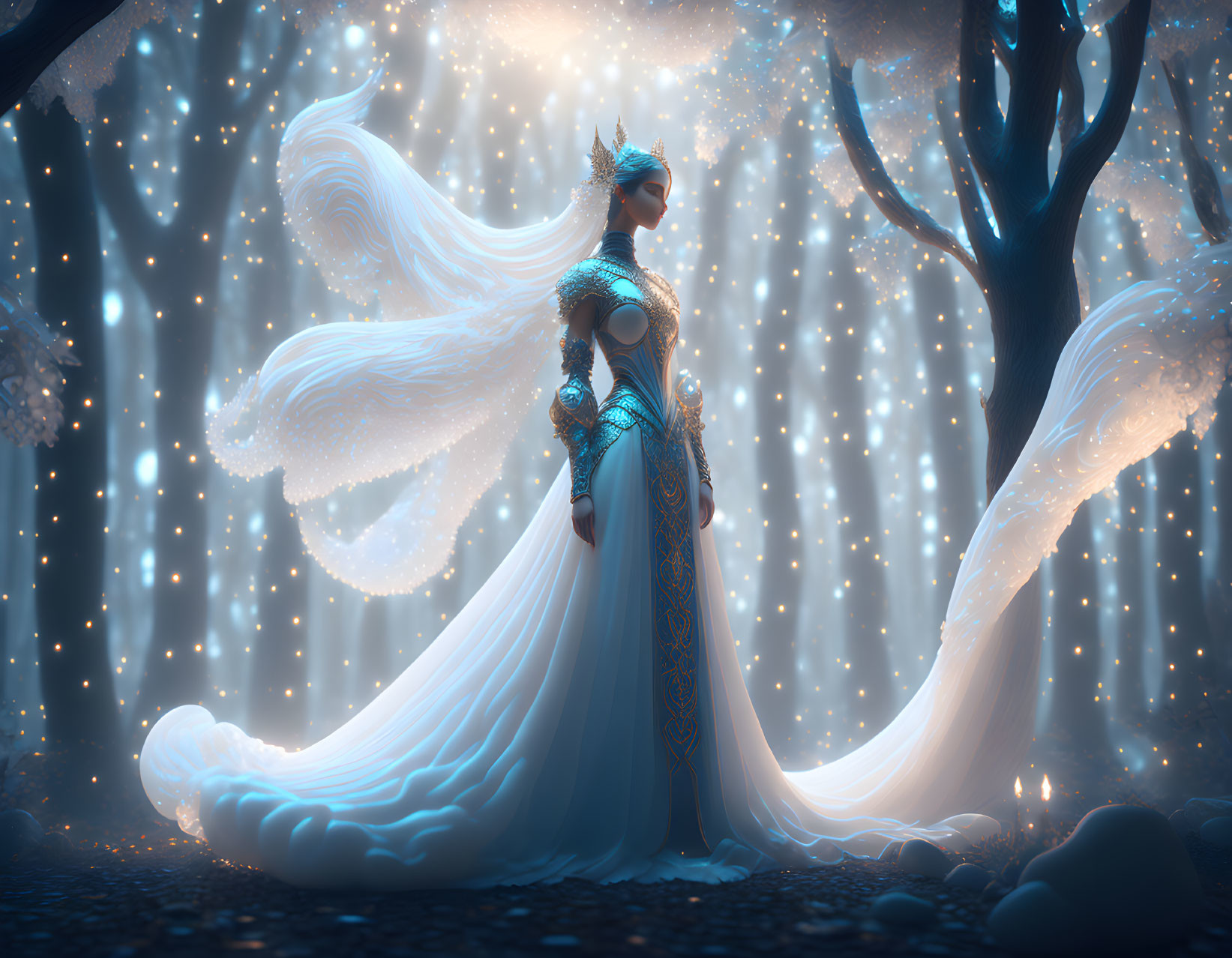 Regal figure in blue and gold gown in mystical forest with shimmering lights