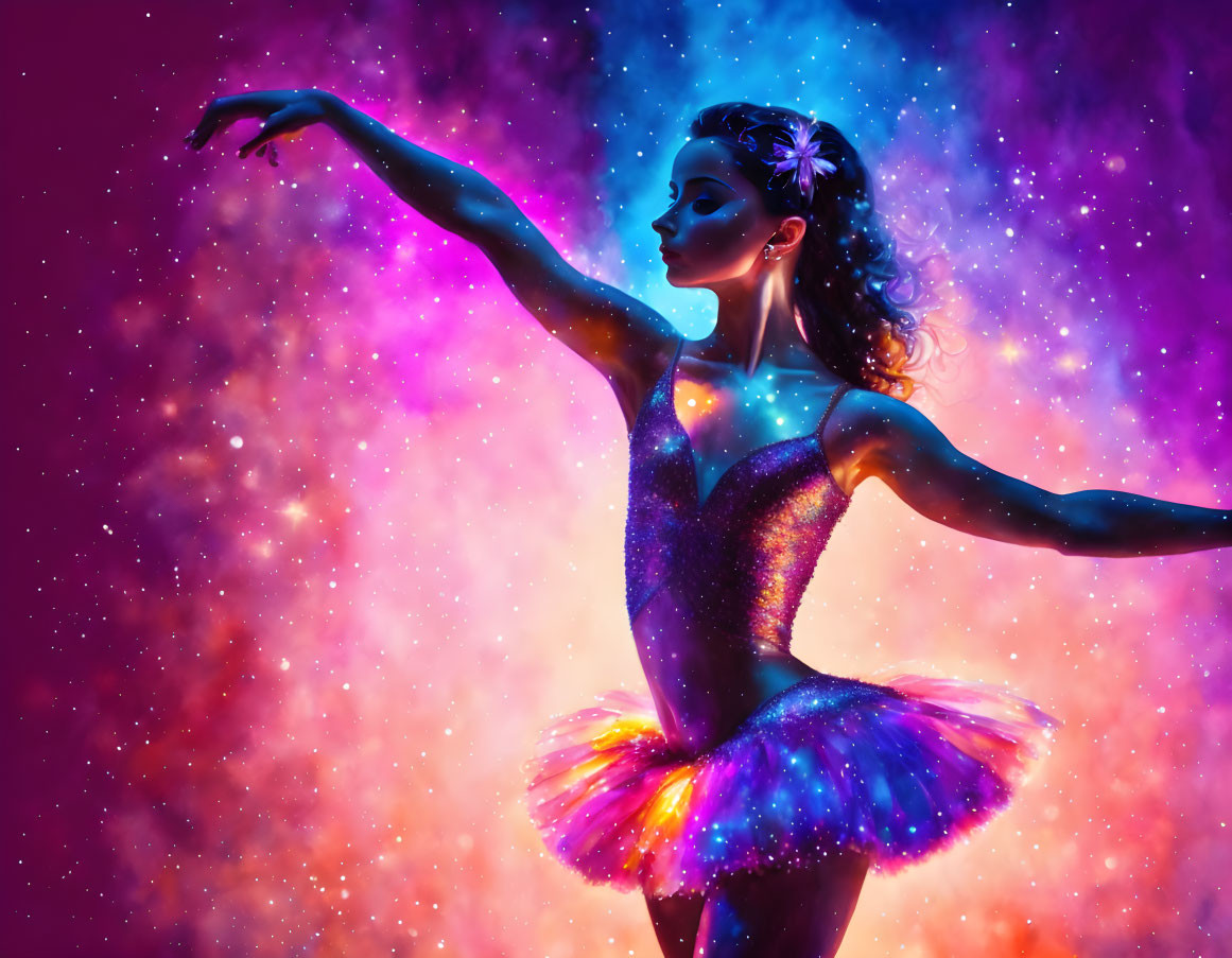 Ballerina in Sparkling Costume on Galaxy-themed Background