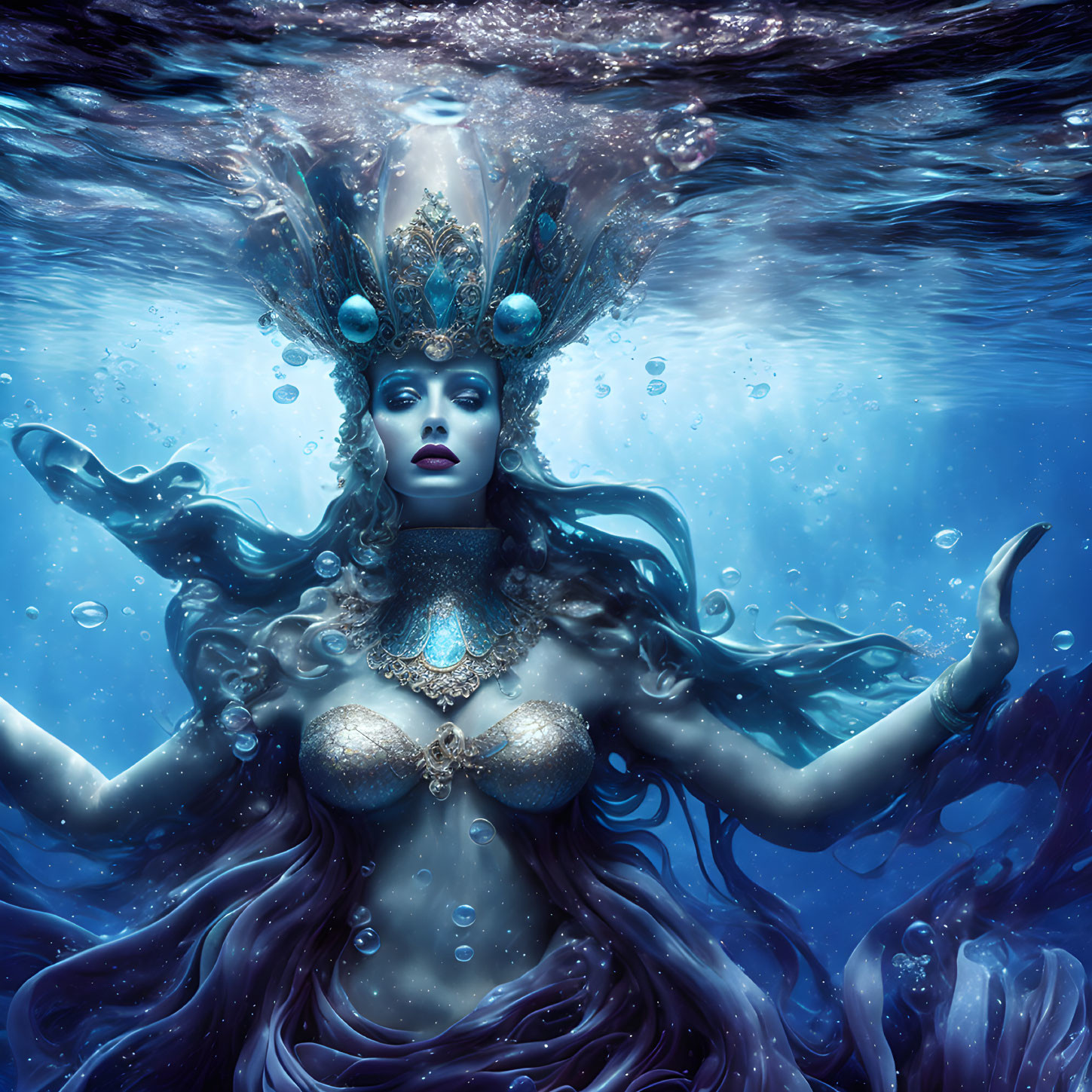 Woman with ornate headgear and jewelry in deep blue sea surrounded by bubbles