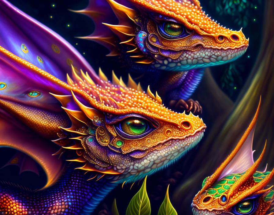 Detailed Digital Illustration: Three Dragon Heads in Vibrant Colors