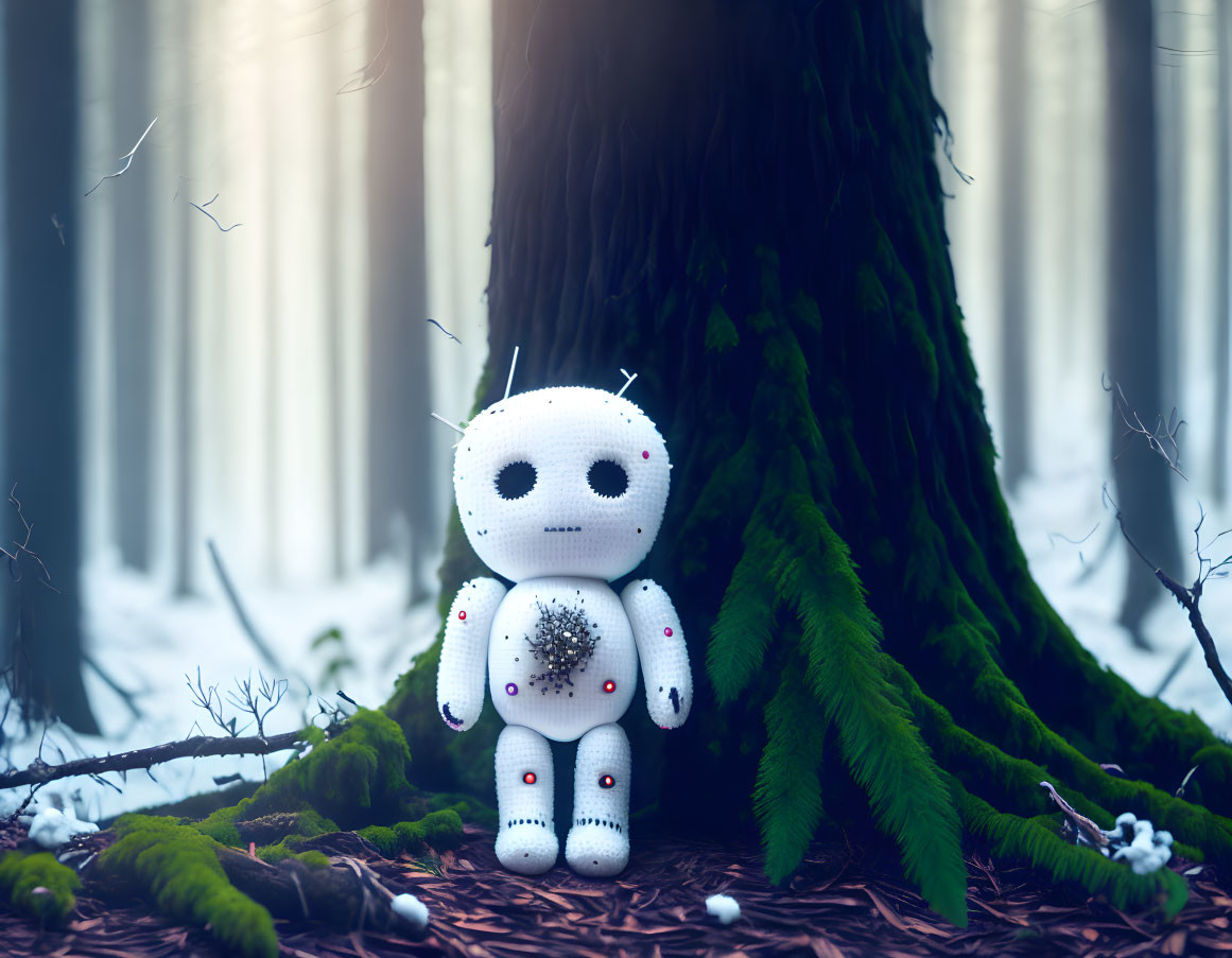 White humanoid robot toy with black eyes in snowy woodland