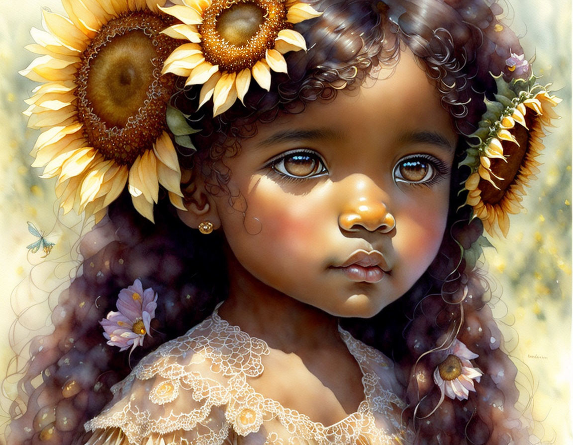 Digital painting of young girl with sunflower hair adornments, gazing sideways, surrounded by butterflies and