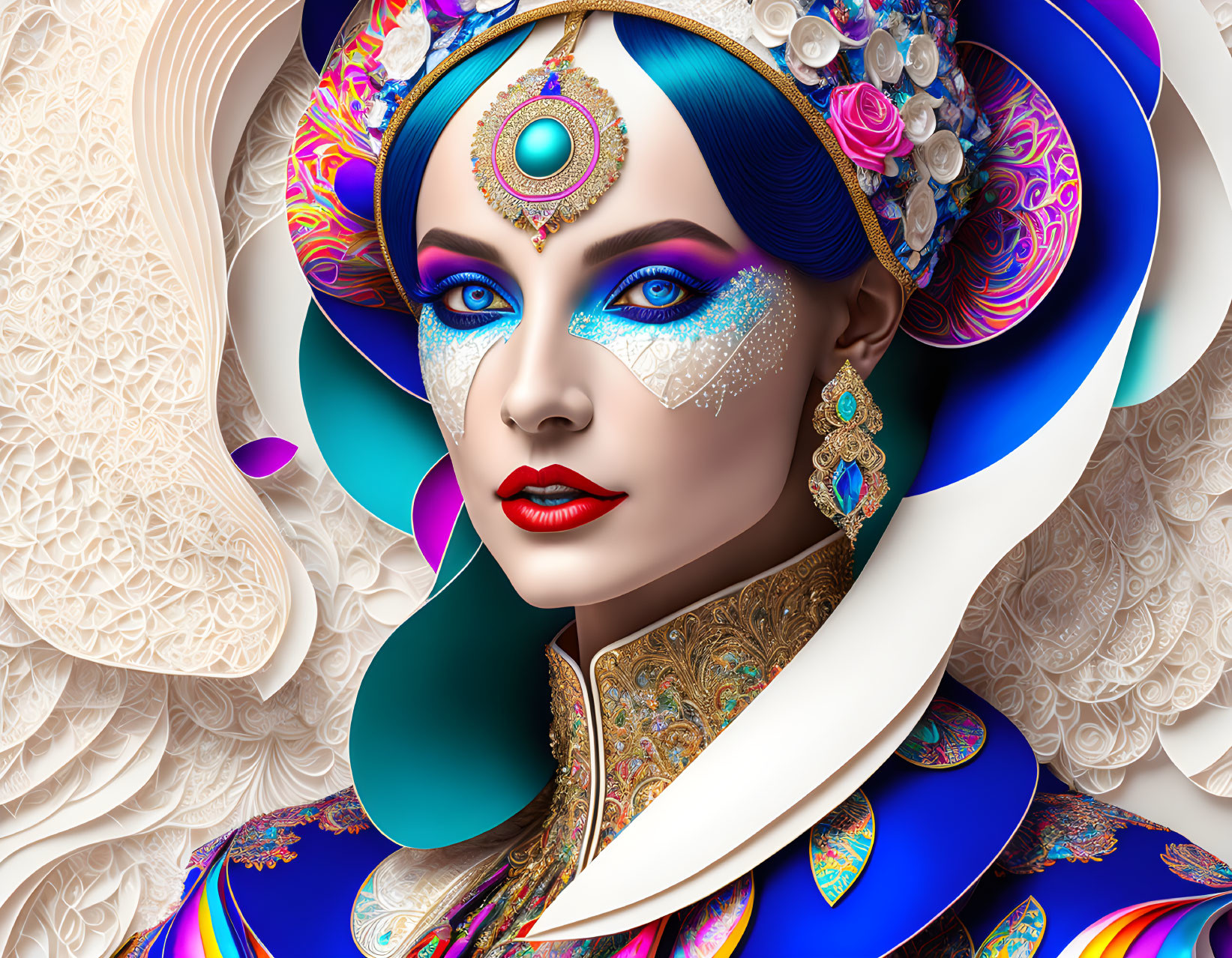 Colorful digital portrait of woman with elaborate headgear and jewels