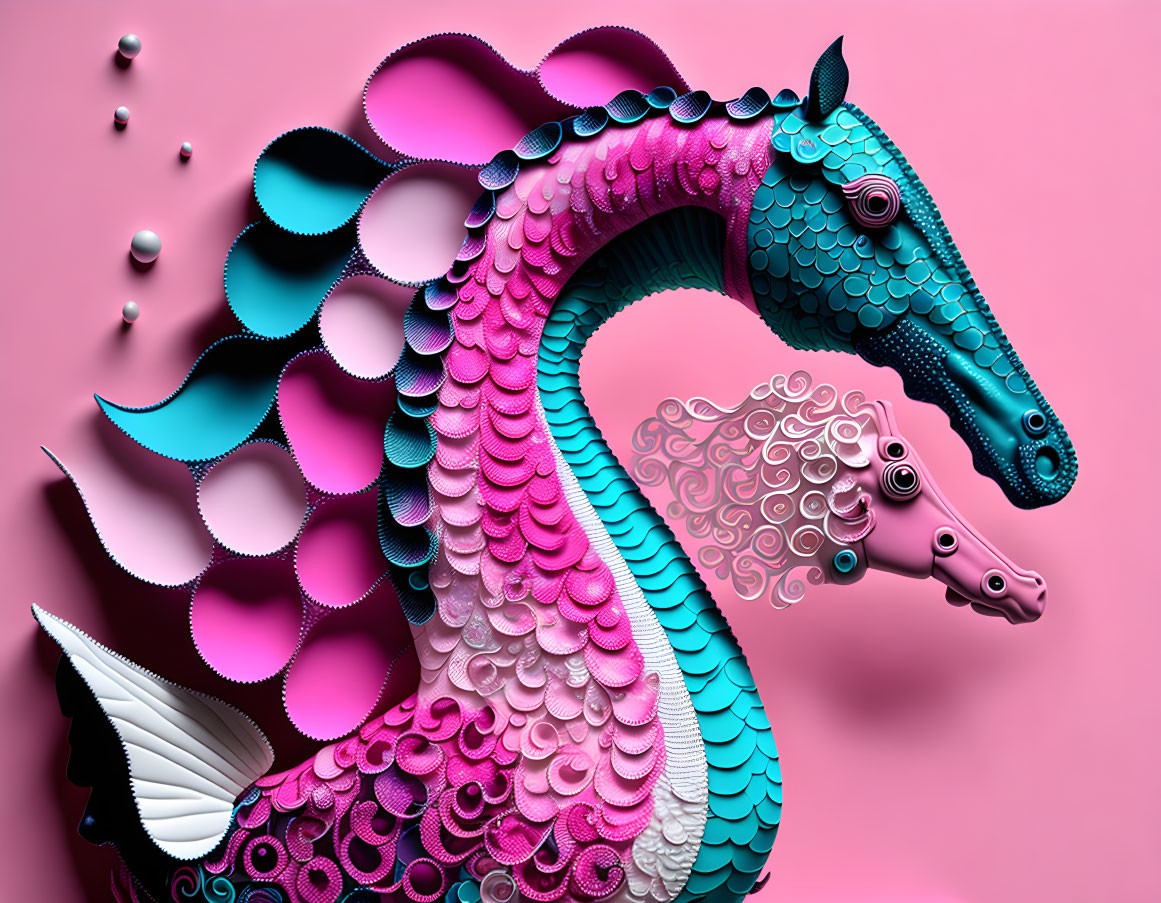 Colorful Seahorses Digital Art on Pink Gradient Background