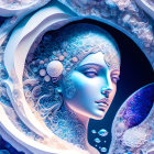 Intricate feminine face with swirling blue, white, and purple patterns