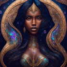 Dark-skinned woman with blue and gold adornments and starry hair.