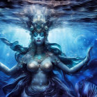 Woman with ornate headgear and jewelry in deep blue sea surrounded by bubbles