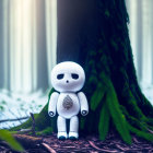 White humanoid robot toy with black eyes in snowy woodland