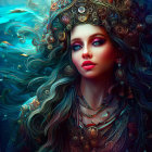 Colorful artwork featuring woman with ornate headgear and jewelry in aquatic setting