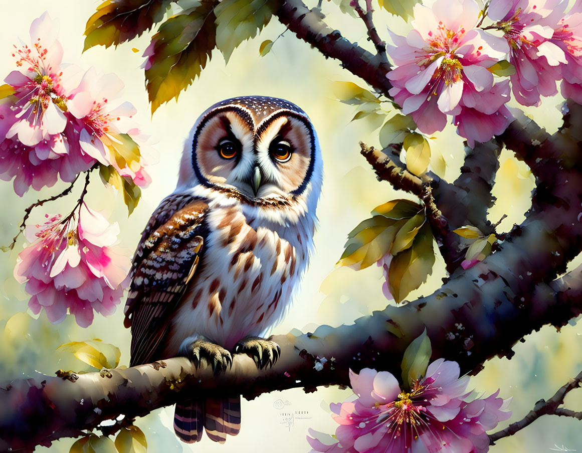 Detailed owl perched on cherry blossom tree branch in colorful illustration