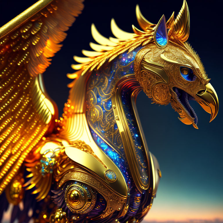 Golden mechanical dragon with sapphire accents and expansive wings in dusk sky