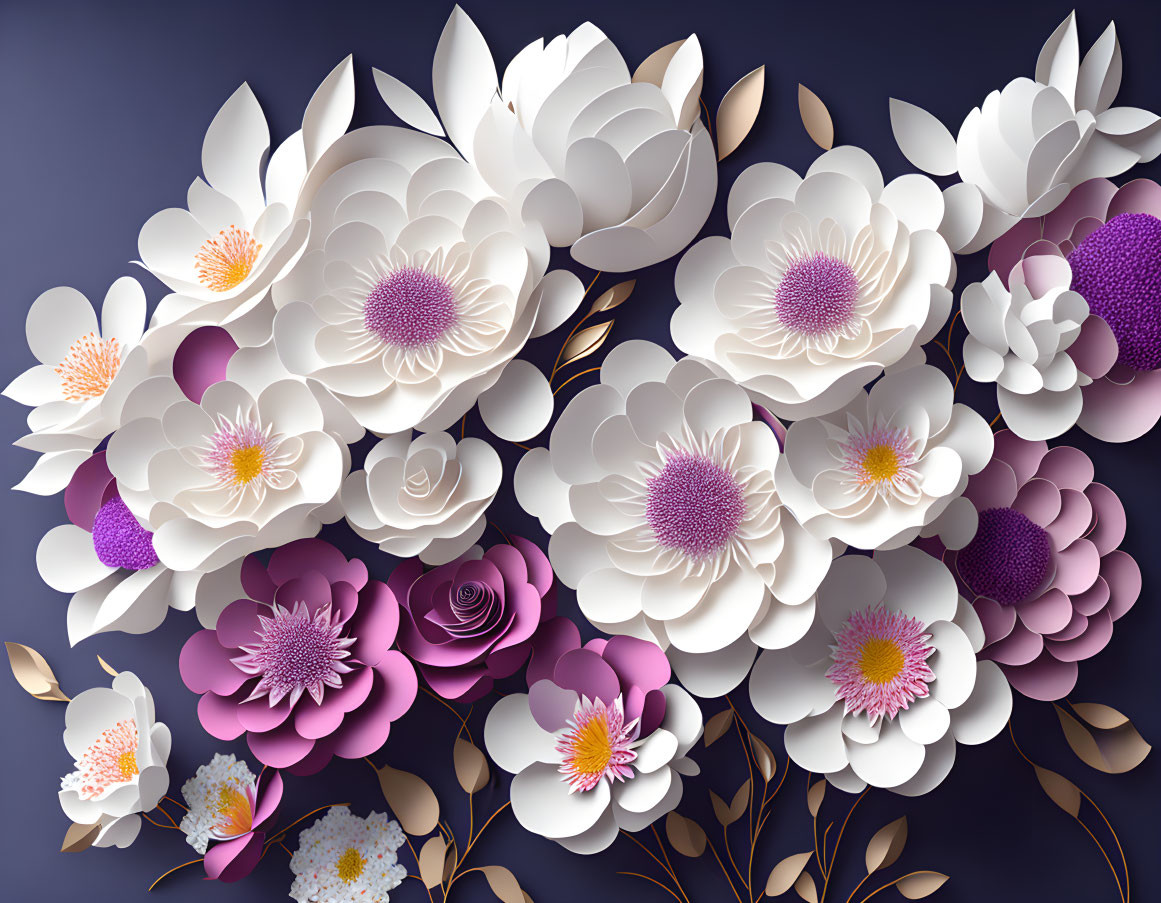 Layered Paper-Cut Style Flowers in White, Pink, and Purple on Dark Background