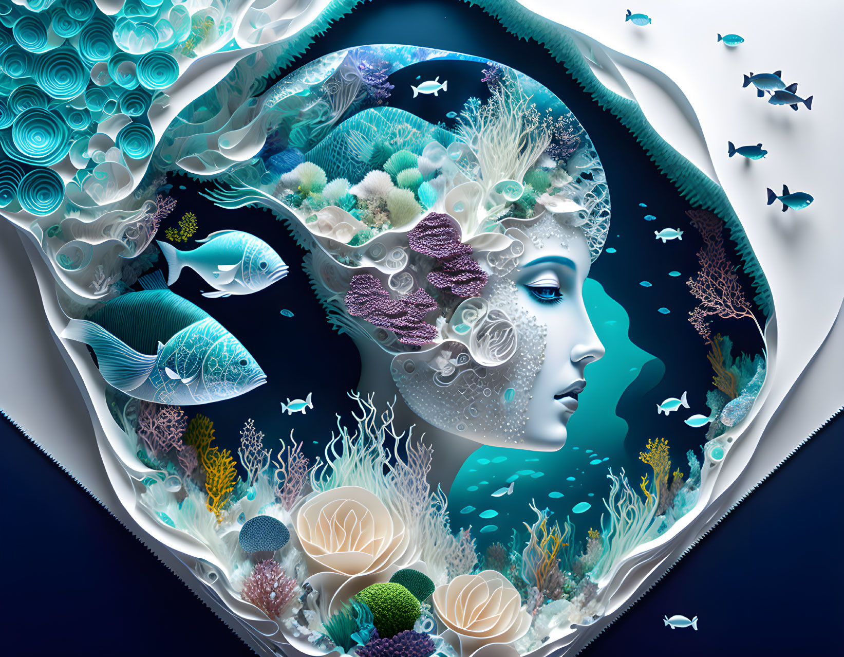 Woman's profile integrated with marine ecosystem: coral, fish, flora