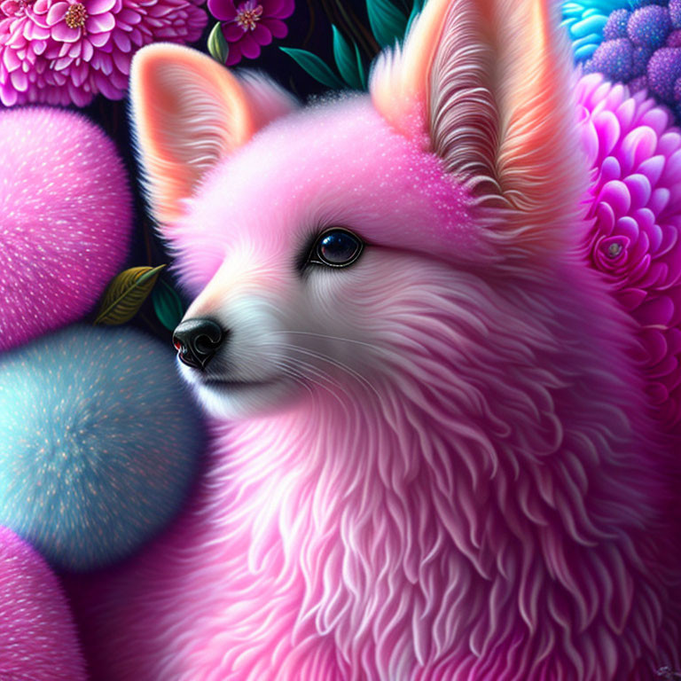 Colorful digital artwork of a whimsical pink fox surrounded by flowers